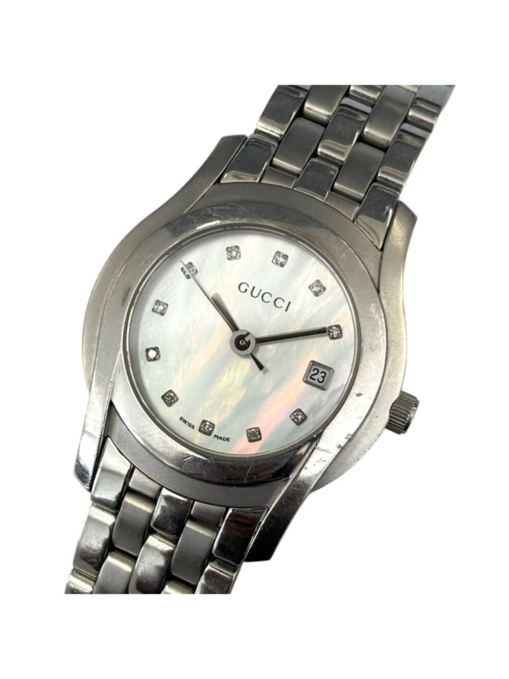 Gucci Diamond Shell Dial Watch Quartz SS Silver